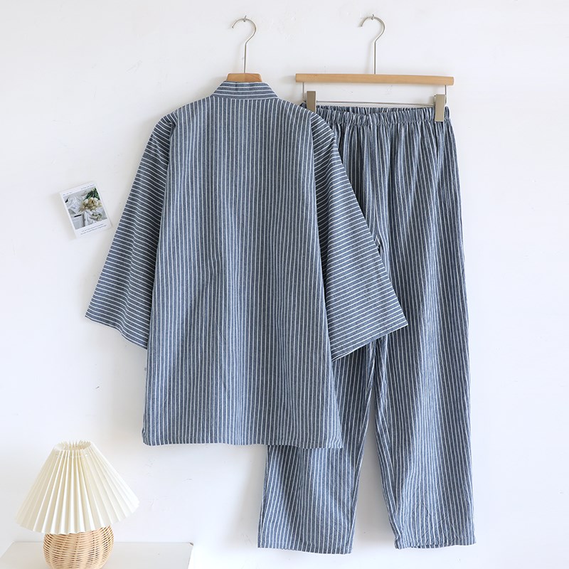 日式和服睡衣男士纯棉条纹宽松大码薄款汗蒸家居服套装长袖长裤