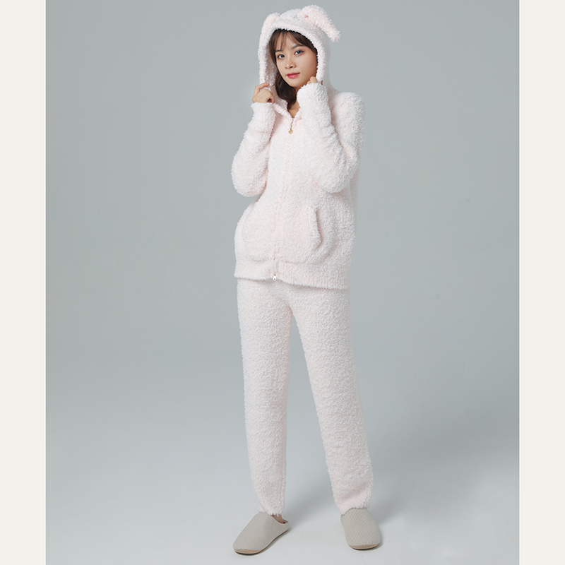 可爱兔耳朵软绵绵睡衣女冬半边绒针织加厚甜美家居服套装拉链帽衫