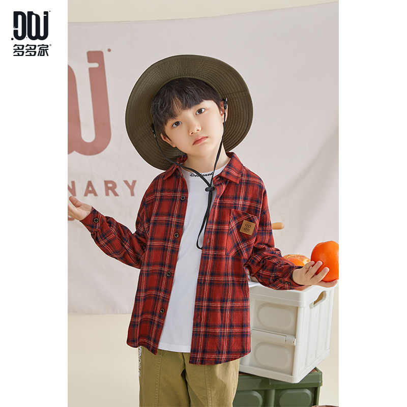 多多家童装男童格纹衬衫春秋红色复古儿童衬衫中大童春季宽松上衣