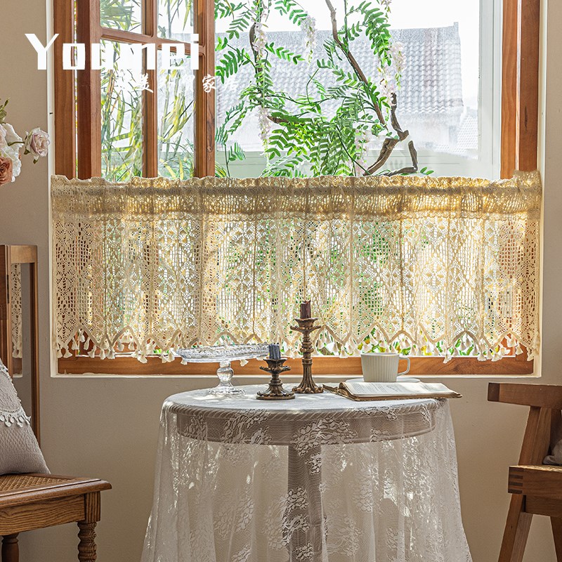 美式乡村钩针棉线半帘帘头穿杆帘门楣橱柜帘小窗帘魔术贴短帘