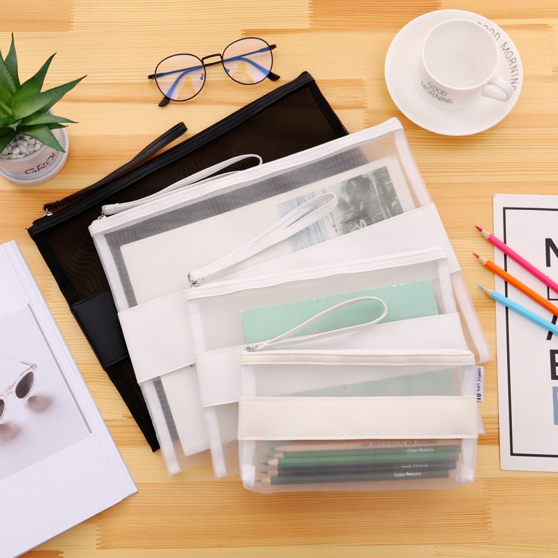 手提网格PU学生笔袋透明细网格拉链袋A4 A5资料袋收纳袋子文件袋