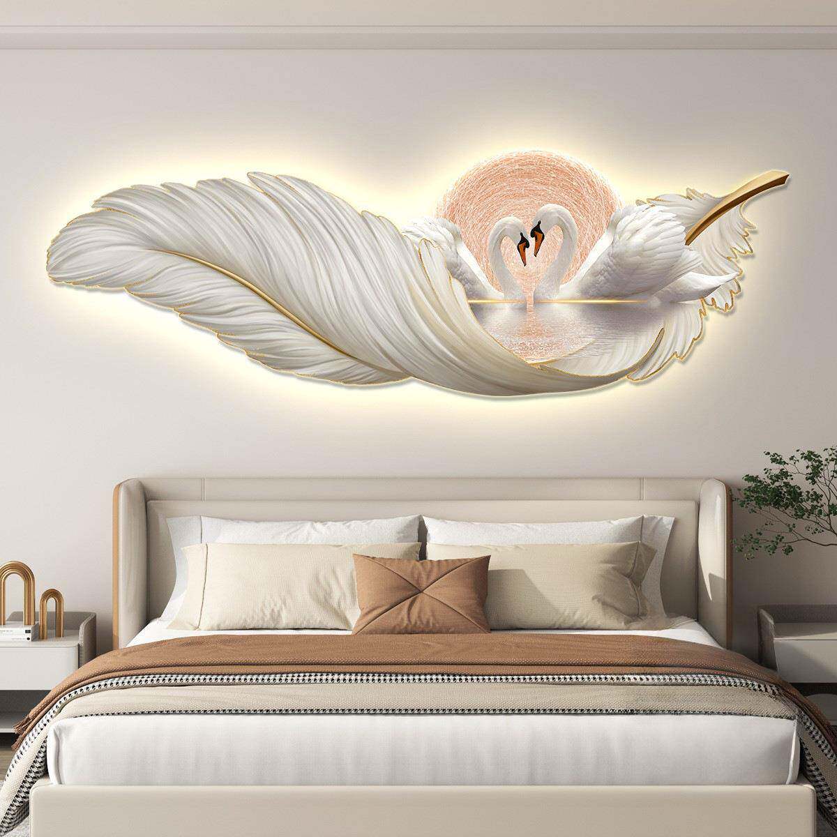 轻奢温馨卧室床头装饰画羽毛天鹅led氛围灯画挂画房间主卧墙壁画