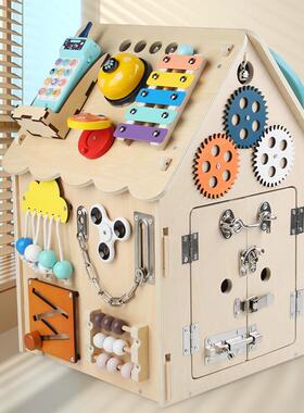 早教蓝色忙碌屋忙碌板木制蒙特梭利开锁敲琴专注力训练教儿童玩具
