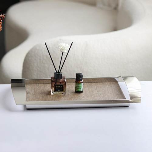 现代轻奢意式木纹金属把手高档托盘装饰摆件样板房售楼处客厅饰品