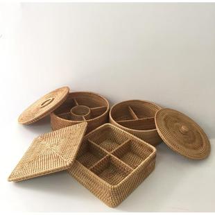 越南秋藤手工编织藤编家居收纳筐分隔带盖坚果盒