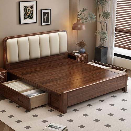 中式实木床箱体储物卧室1米8乘2米大床胡桃木家用软包靠背双人床