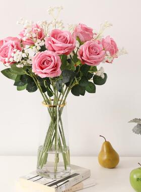 花绒瑰花假花1玫布0单支长枝客厅电视柜F96MS7J5落地装饰摆件红色