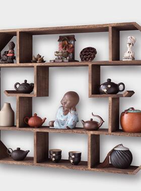 博架实中式壁挂式子墙上客厅木置物架实木茶具茶壶VEZ架挂墙古博