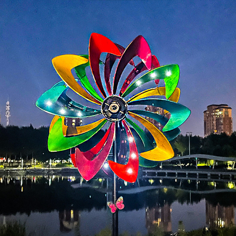 铁艺双面彩色户外风车太阳能灯庭院造景布置阳台花园别墅装饰摆饰