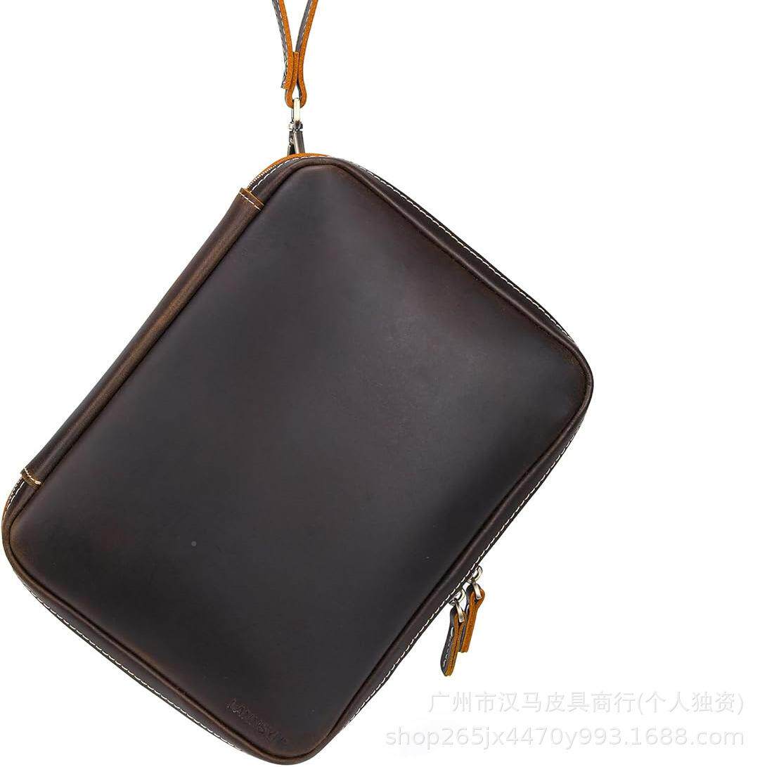 疯马配皮男包女通用工具件收纳收数据收纳多功能双层手拿中号纳包