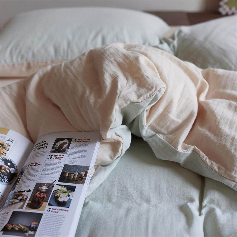 A类双层纱四套全棉棉纯5裸睡床ELA单被件套日式简约纯色床上用品1