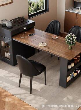 岛025新款缩台餐桌一体伸折叠小户型PGY实木多功能储物2泡茶吃饭