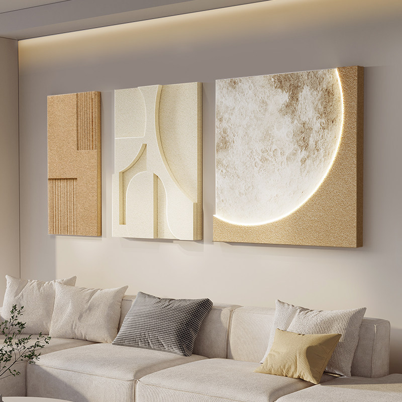 侘寂风客厅装饰画极简高级感月球沙发背景墙挂画奶油立体砂岩灯画