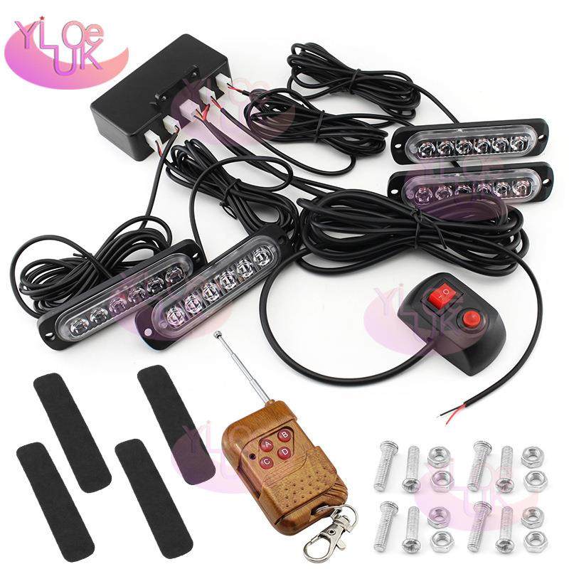 新款汽车爆闪灯超薄6LED一拖四中网灯红蓝无线遥控多模式频闪