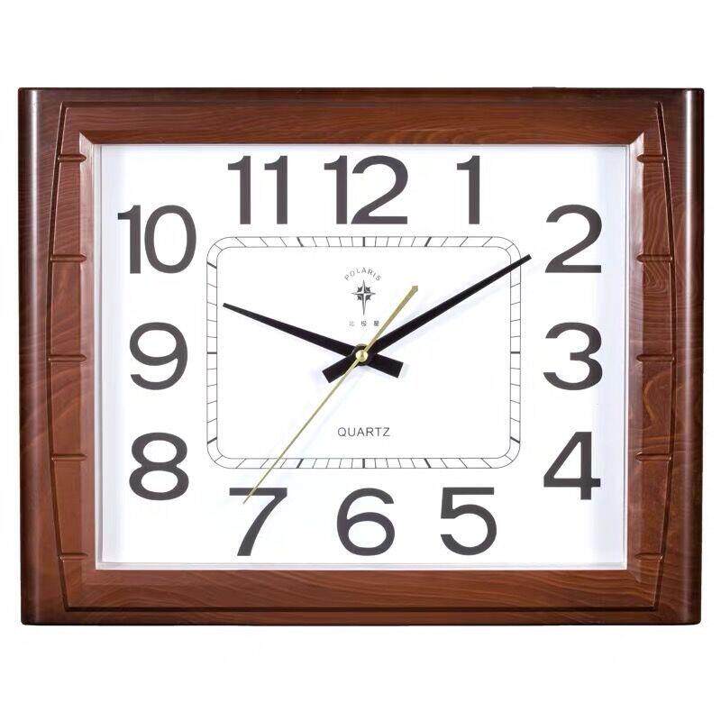 北极星钟表客厅卧室挂钟现代简约风方形钟银色木纹