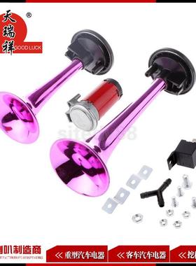 供应12v枚红色紫色双管汽车气喇叭178db带压缩泵