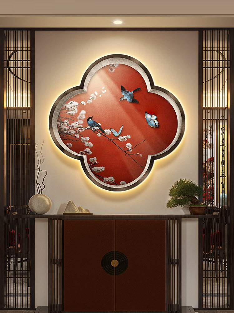 喜鹊报喜入户玄关装饰画梅花形假窗户景茶室挂画新中式走廊壁画灯
