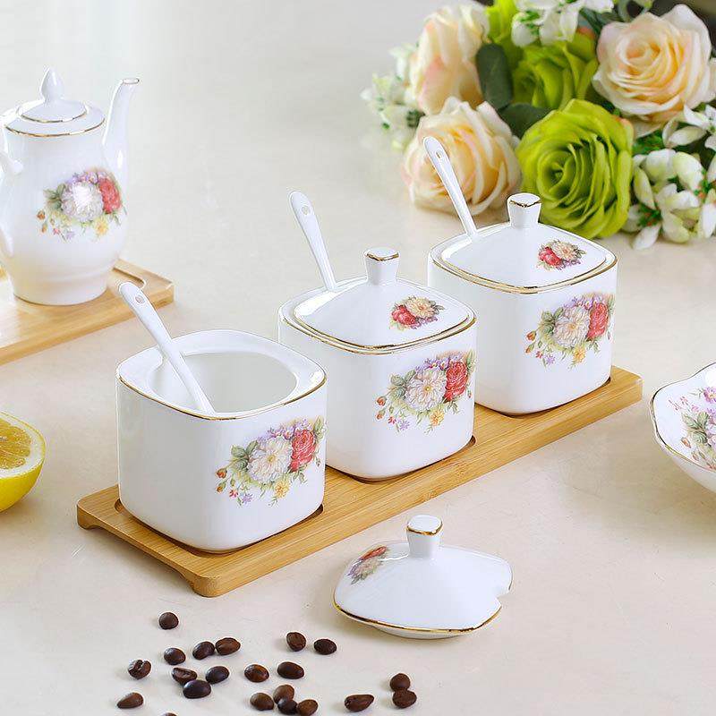 欧式骨瓷调味罐套装盐糖调料盒酱油壶醋瓶厨房家用陶瓷辣椒油罐子