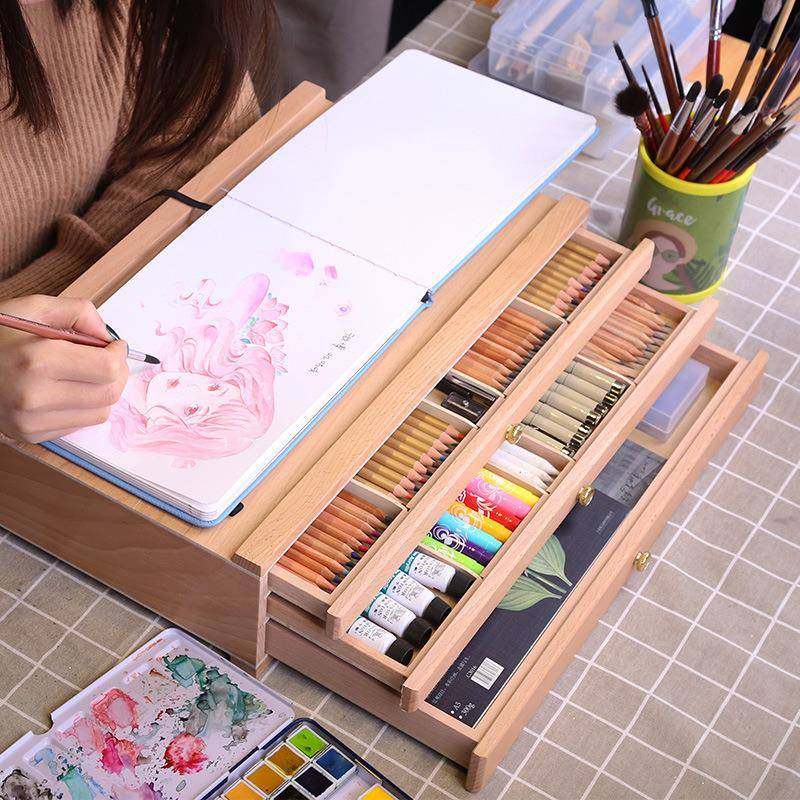 中盛画材山毛榉三层抽屉绘画工具箱颜料盒工具盒