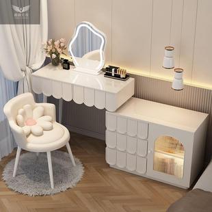 轻奢现代简约可伸缩化妆桌法式奶油风卧室梳妆台实木收纳柜一体