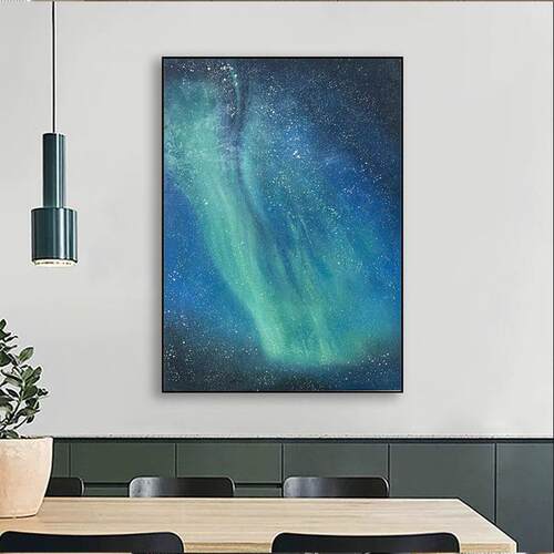 手绘油画蓝色星空客厅装饰画抽象极光现代挂画入户玄幻走廊过道