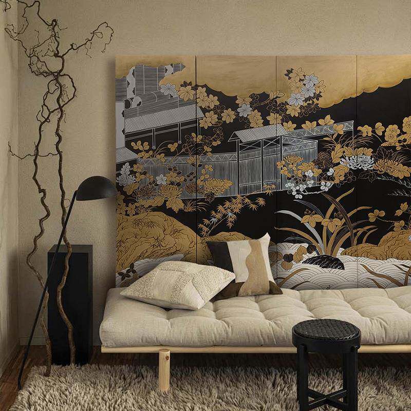 侘界中古屏风手绘金箔松鹤漆画客厅卧室隔断遮挡茶室玄关背景折屏