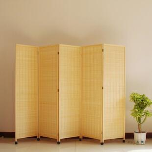 折叠屏风隔断客厅玄关折屏办公室遮挡帘实木竹编简易可移动带滑轮