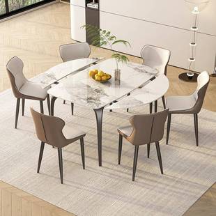 奶油风岩板餐桌可方可圆伸缩折叠圆桌小户型家用方圆两用桌吃饭桌