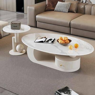 轻奢椭圆形岩板茶几意式茶几家用客厅新款奶油风茶几小户型茶边几