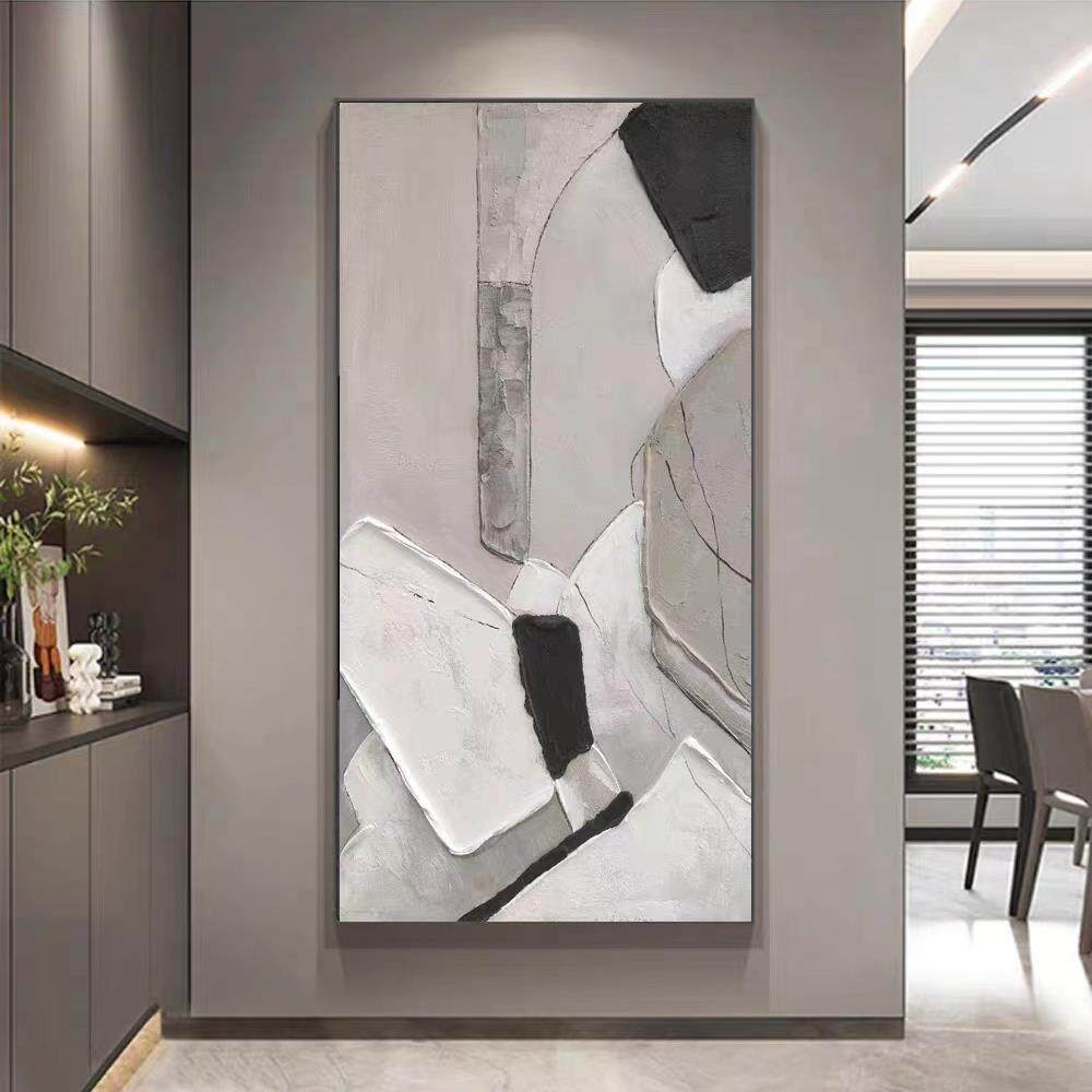 纯手绘黑白灰风格抽象肌理画新中式客厅入户玄关挂画落地竖款油画