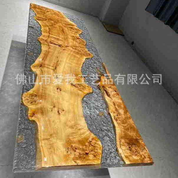 法国白杨木冰晶大板浅色系自然纹理原木色茶台艺术感高档办公桌