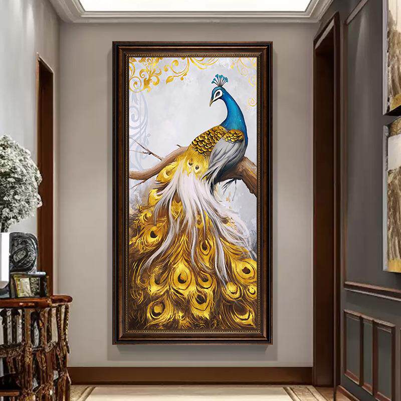 孔雀入户玄关装饰画大气欧式客厅挂画现代轻奢高级感走廊过道壁画