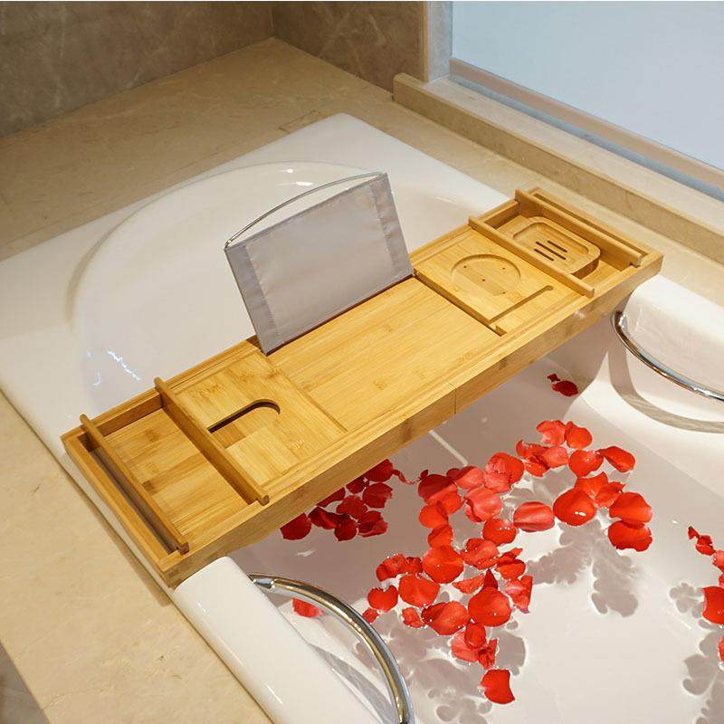 浴缸架竹木欧式伸缩多用途浴缸置物架托盘支架泡澡木桶架