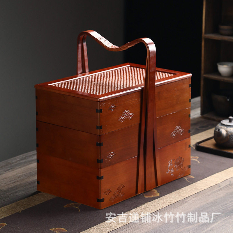 竹制提箱竹编提篮茶具收纳箱户外茶盘便携竹提盒三层食盒大量库存