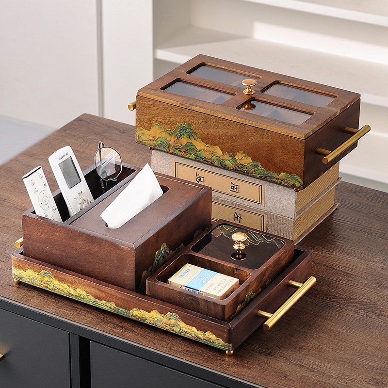 胡桃色实木客厅纸巾盒家用遥控器收纳高级感新中式茶几创意抽纸盒