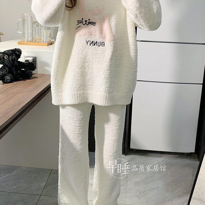 半边绒睡衣女秋冬甜美可爱小兔子软绵绵针织加绒毛线套头家居服