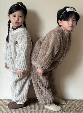 秋冬季儿童睡衣女童宝宝加厚长毛法兰绒套装小孩男童珊瑚绒家居服