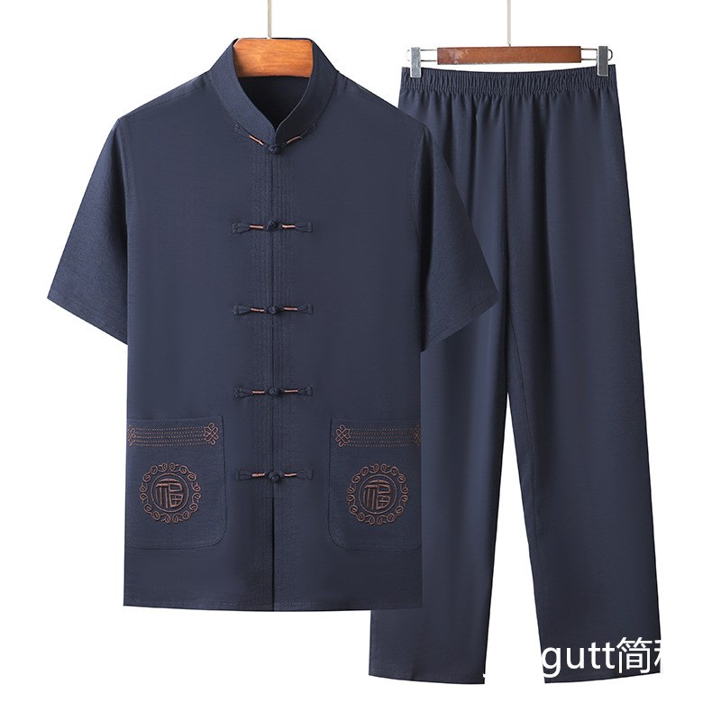 新款夏季中年爸爸夏装套装短袖唐装太极服男中老年中国风休闲衣服