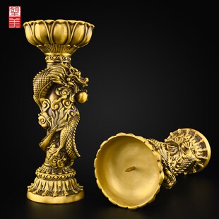 黄铜龙凤烛台摆件家用敬神供奉佛前中式复古结婚铜双龙蜡烛台座