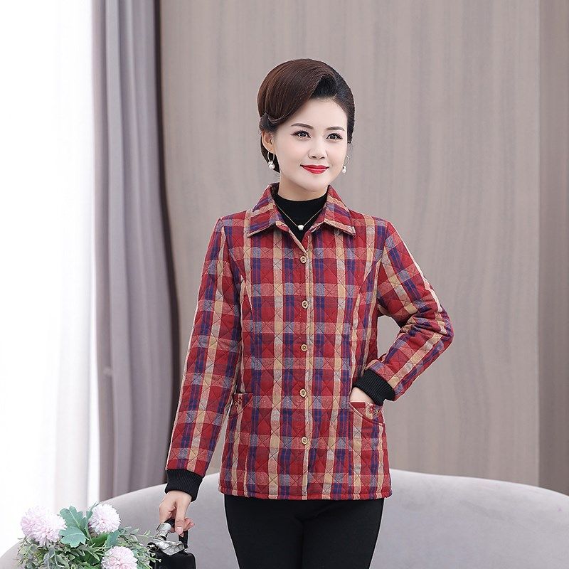 妈妈装2022秋冬新款轻薄小棉衣中老年女纯棉格子长袖夹棉衬衫外套