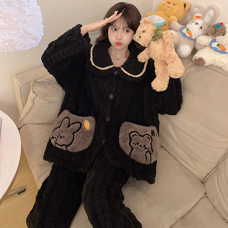 珊瑚绒女士睡衣秋冬季加绒加厚款法兰绒加肥加大码开衫家居服套装