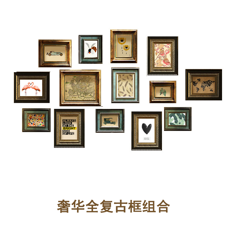 美式实木照片墙客厅餐厅相框墙欧式复古做旧挂墙玄关背景墙组合画