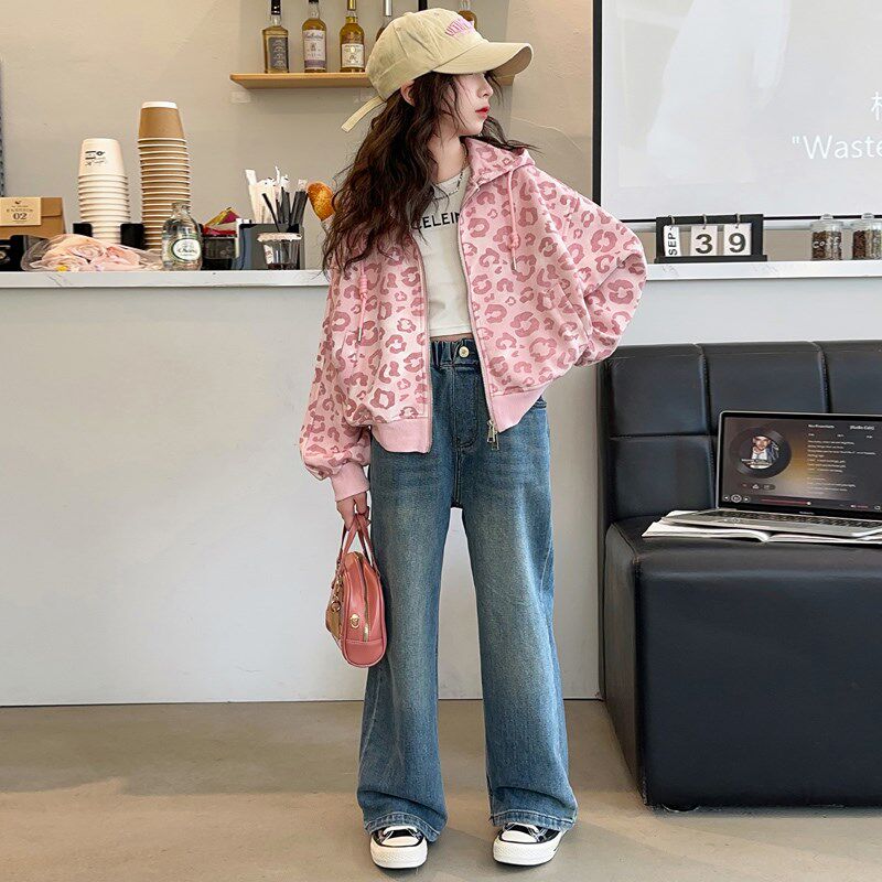 女童春秋外套套装2024新款洋气女大童秋款连帽上衣儿童休闲牛仔裤