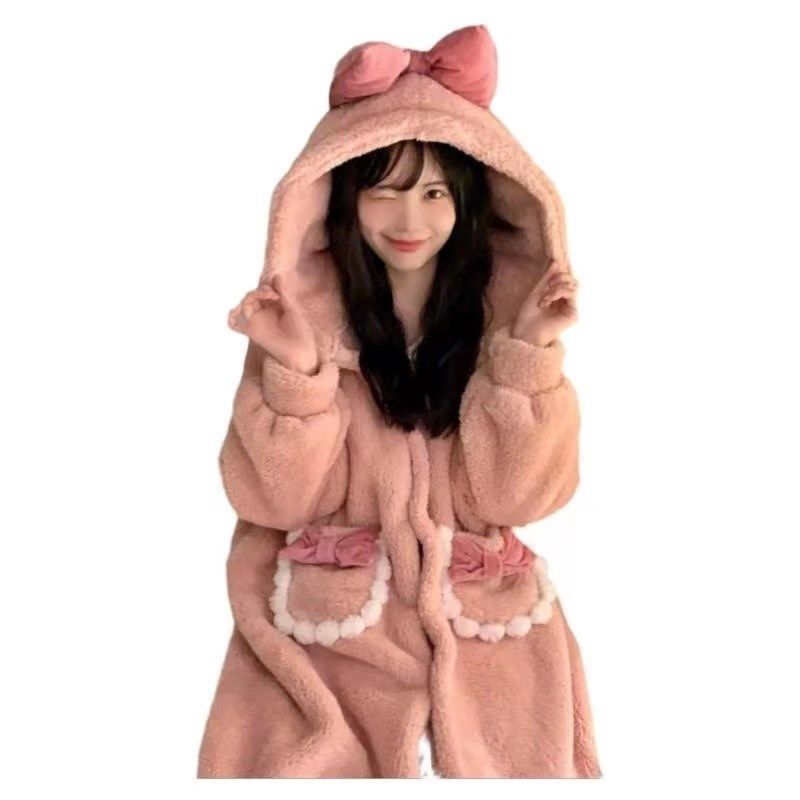 甜美连帽秋冬季珊瑚绒加厚长款睡袍2023年新款浴袍保暖家居服套装,女士内衣/男士内衣/家居服,睡衣/家居服套装,淘宝优惠券,粉丝福利购,淘宝优惠卷