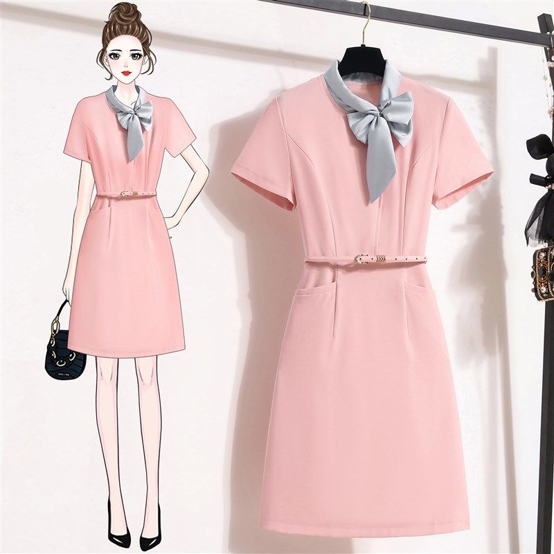 粉色职业连衣裙女新款气质显瘦围巾领高腰主持人美容院工作服裙子,女装/女士精品,连衣裙,淘宝优惠券,粉丝福利购,淘宝优惠卷