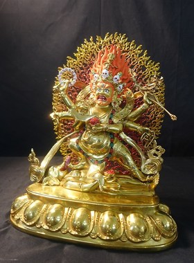 藏式纯铜六臂大黑天佛像尼泊尔工艺藏传密宗仿古鎏金供奉铜像摆件