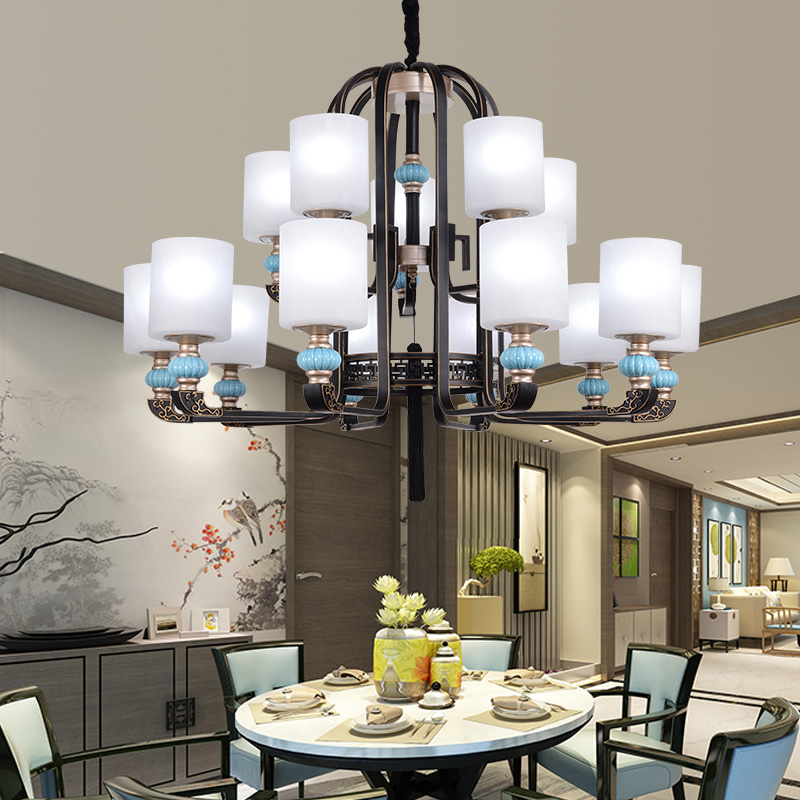 新中式吊灯客厅灯圆形蓝色陶瓷卧室灯书房间餐厅灯中国风大气灯具