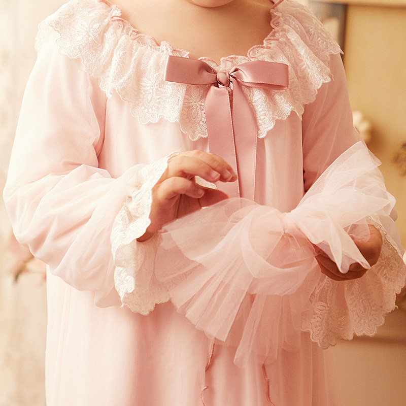 雪雅可女童睡裙公主风春秋薄款长袖儿童蕾丝夏季睡衣宝宝家居服