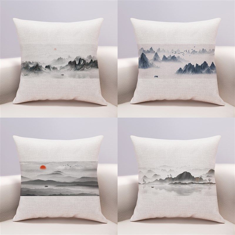 中式水墨山水靠枕套新中式沙发抱枕靠垫中国风沙发靠枕抱枕芯