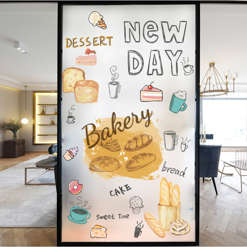 甜品店西饼屋面包房烘焙屋磨砂静电玻璃贴膜橱窗推拉门隔断腰线贴